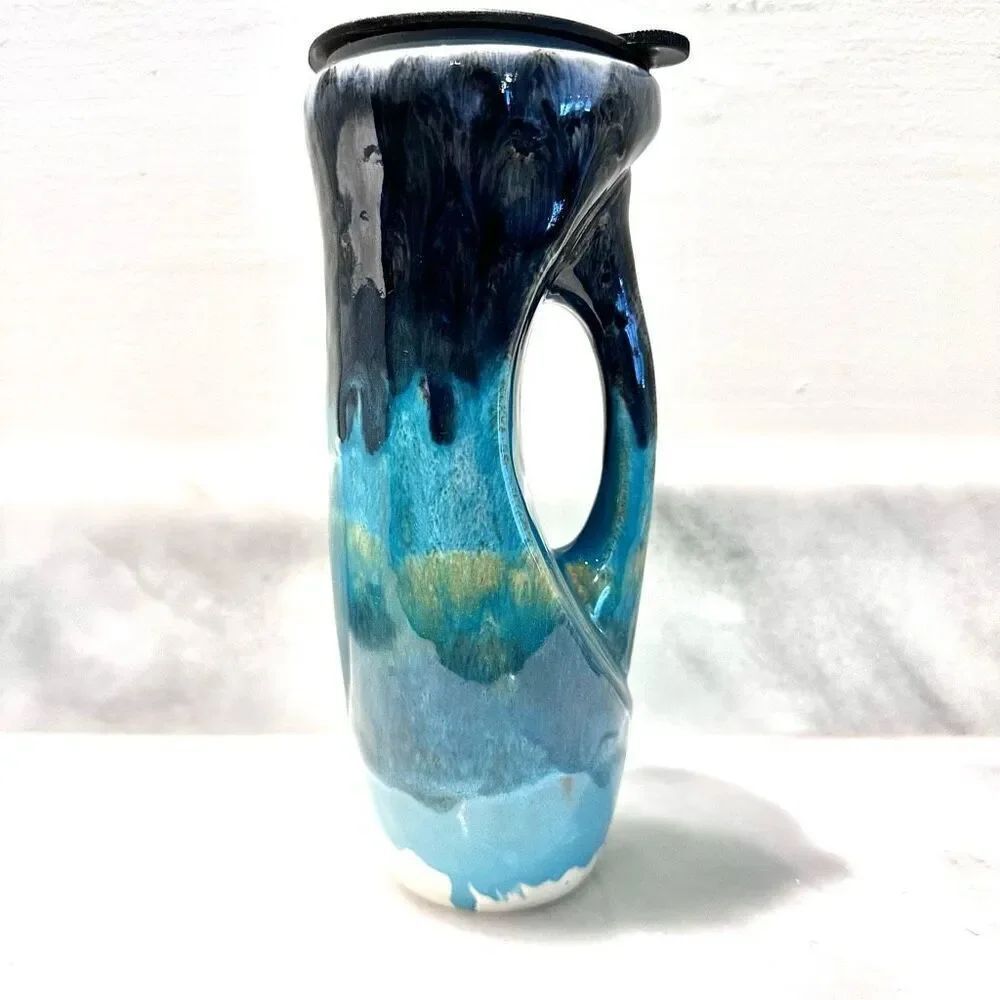 Handmade One Of A Kind Pottery Hot/Cold Tall Ceramic Mug With Lid Blue